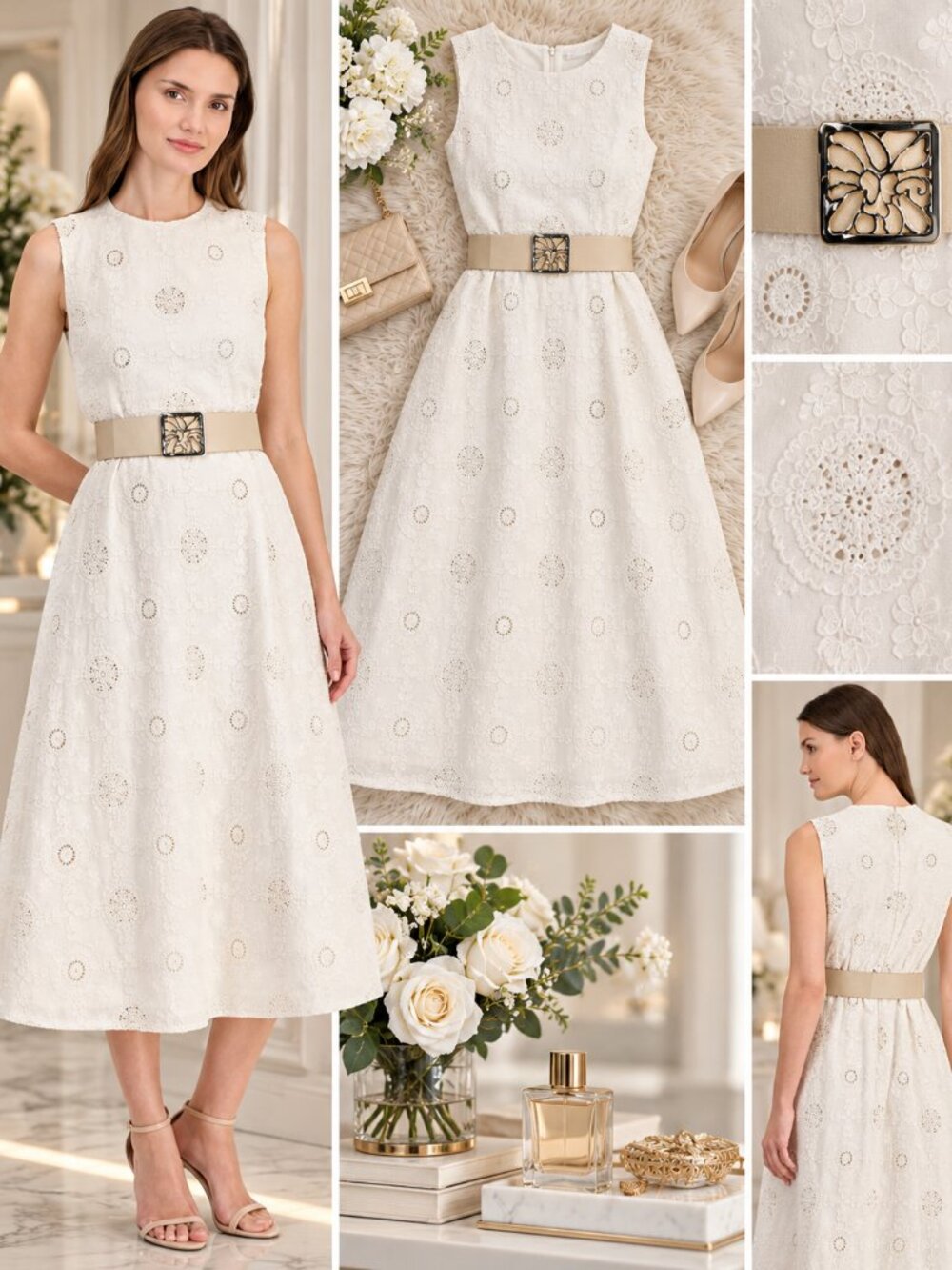 Anne Klein Ivory Embroidered Eyelet Belted Midi Dress Size 8 NWT